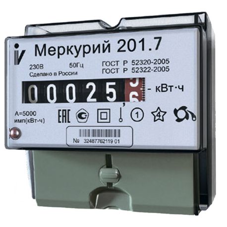 Счетчик Меркурий - 201.7 5(60)А DIN ОУ 1 тарифный