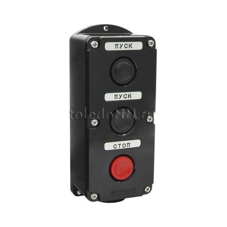 Пост управления кнопочный ПКЕ 212-3 У3, 10А, 660В, 3 элемента, чёрный и красный цилиндр, накладной, IP40
