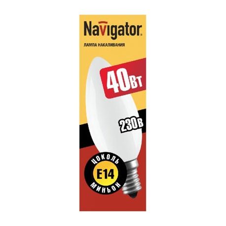 Стандартная лампа накаливания .Navigator NI-B-40-230-E14-FR 40W E14 свеча матовая (кратно 10) 94 308