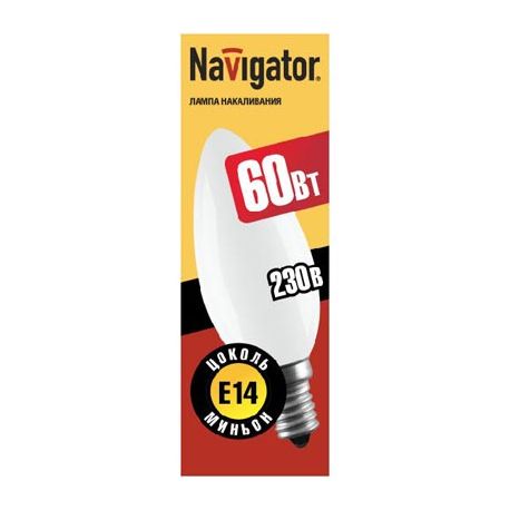 Стандартная лампа накаливания .Navigator NI-B-60-230-E14-FR 60W E14 свеча матовая (кратно 10) 94 309
